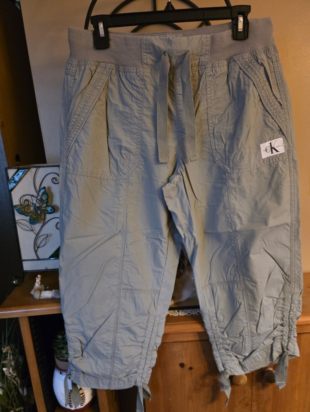 Calvin Klein Sage 100% Cotton High Rise Drawstring Pull-On Cargo Capris Size S